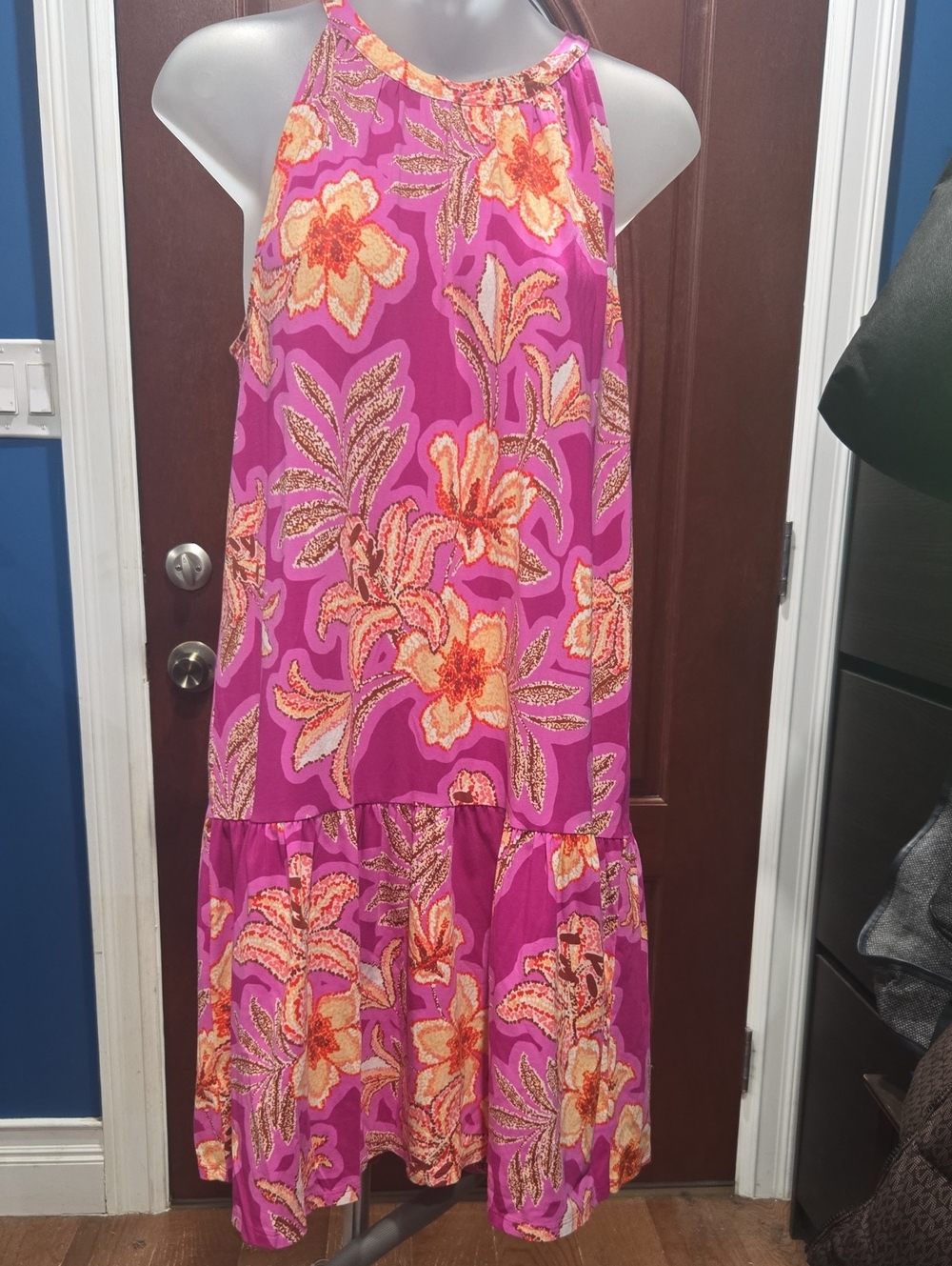 LOFT Pink and Orange Floral Halter Tiered Mini Dress, Medium